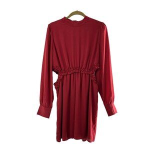 Lulus Red Long-Sleeve Cutout Waist Mini Dress Size L Ruffle Rusty Rose Mock Neck